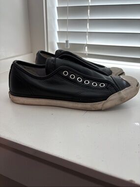 Converse Black Leather Low-Top Slip-On Sneakers with White Toe Cap